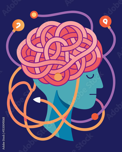 Like a tangled web the brains pathways can and confuse making it difficult to escape negative thoughts.. Vector illustration