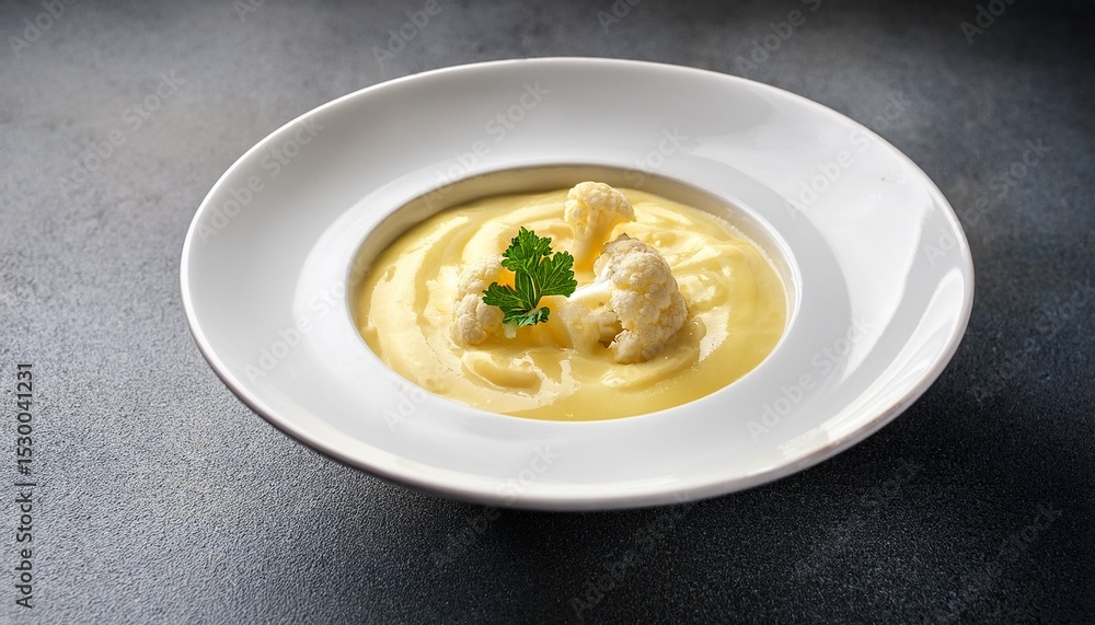 cheesy cauliflower soup in white bowl on gray stone background close up cheesy cauliflower soup in white bowl on gray stone background close up