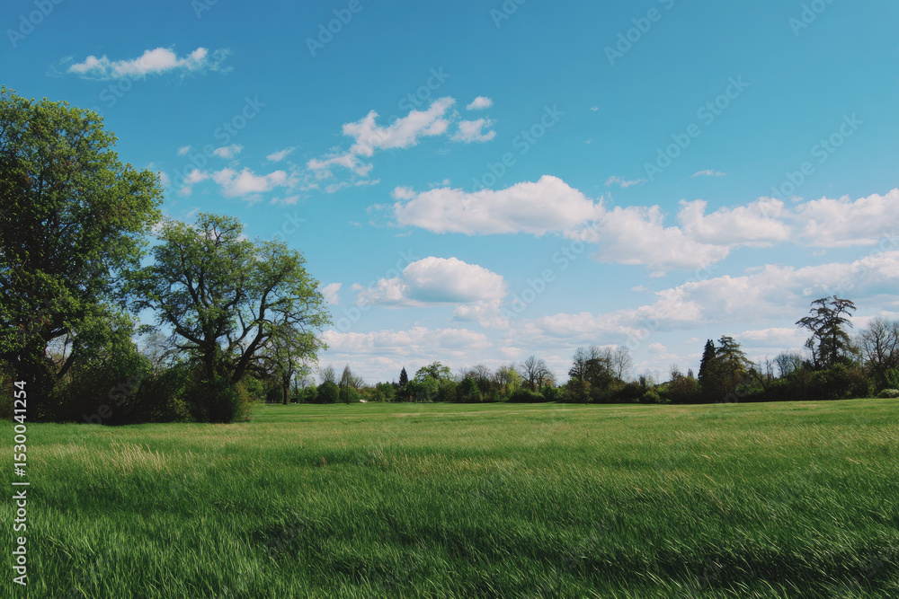 Obraz premium Verdant Meadow Under a Bright Blue Sky with Fluffy White Clouds and Trees