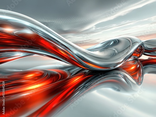Abstract digital artwork featuring sinuous, reflective metallic forms in shades of silver and red, set against a cloudy sky, with a mirrored reflection below