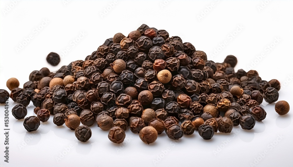 a heap of black peppercorns isolated on a white background showcasing the spice s texture and natural color a heap of black peppercorns isolated on a white background showcasing the spice s texture and natural color