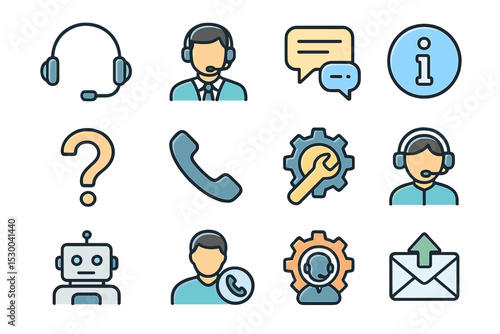 Customer support icons featuring headsets and communication tools