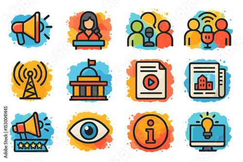 Colorful media and communication icons on vibrant background