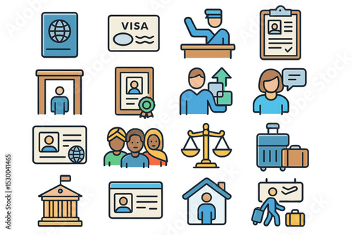 Immigration and travel icons: passport, visa, customs, documentation, luggage