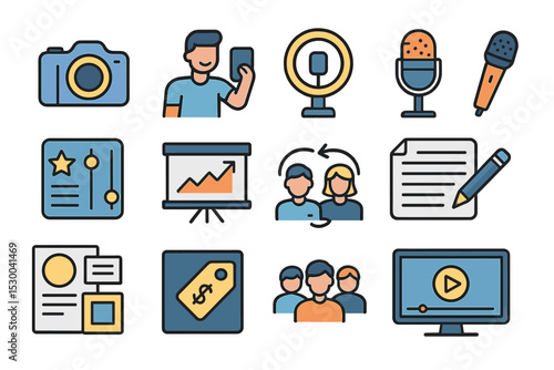Vector icons of media equipment and social interaction