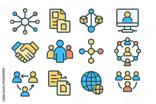 Icon set illustrating network, communication, and collaboration concepts