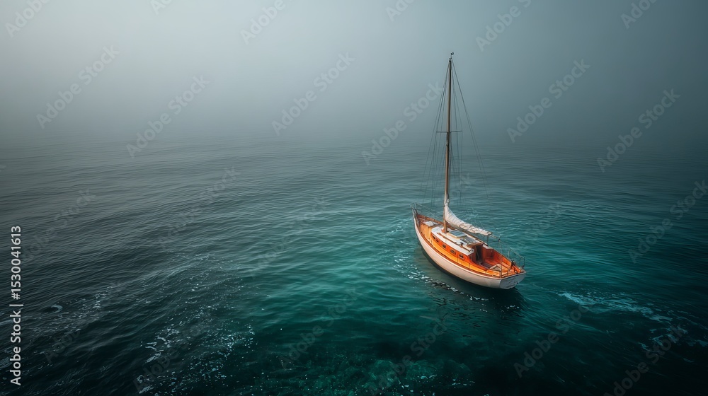 Fototapeta premium Aerial view of sailboat on the ocean with a tall mast in foggy weather with calm turquoise waters