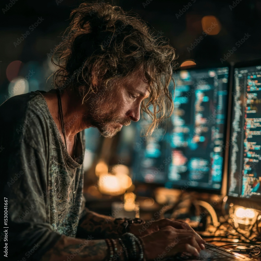 Obraz premium Concentrated Programmer Working Late at Night on Computer