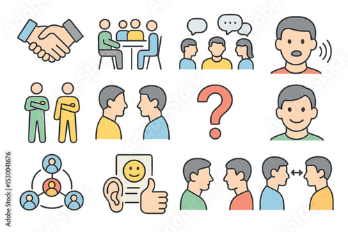 Cartoon communication icons depicting diverse interactions and conversations