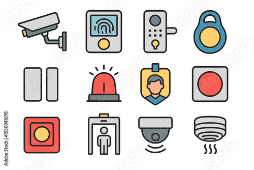 Security icons set featuring cameras, alarms, and access controls