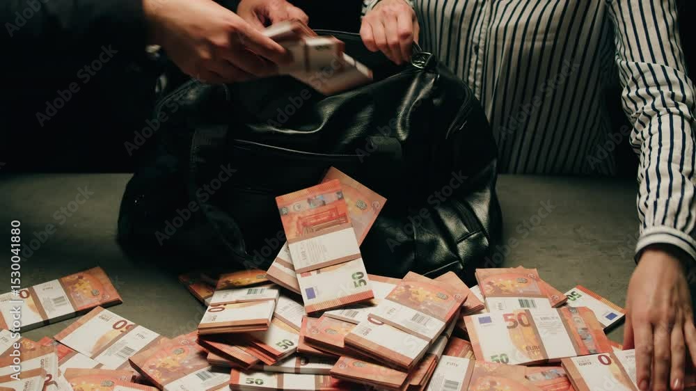 Banknotes and bag counter, Specialised police officer Counting dollar euro banknotes in crime lab with machine, cashed out criminal money, bitcoin changing, buying home flat in bank. 