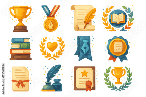 Hand-drawn awards collection: trophies, medals, books, and certificates