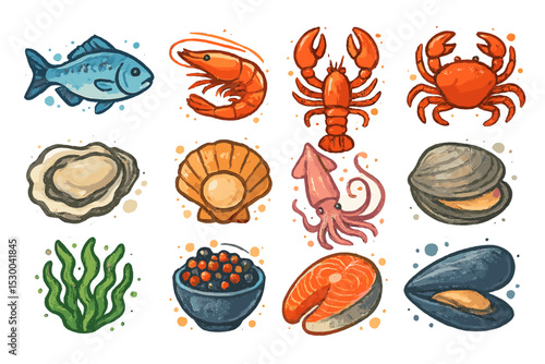 Diverse seafood collection with fish, shellfish, and seaweed