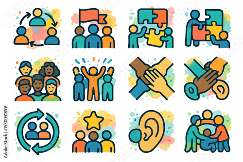 Colorful icons illustrating teamwork, unity, and collaboration