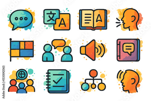 Colorful communication and language icons with speech and translation symbols