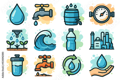 Water conservation icons: drops, taps, barrels, and more