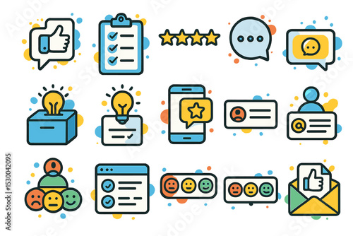 Colorful icons representing feedback and customer satisfaction online