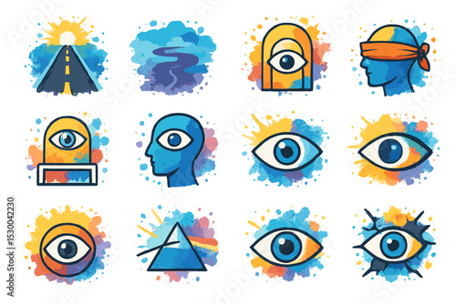 Surreal eye symbols and abstract human figures in watercolor art