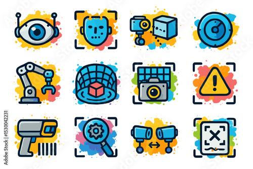 Colorful icon set featuring technology and security symbols on vibrant background