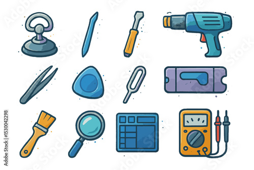 Cartoon repair tools set with magnifying glass and multimeter