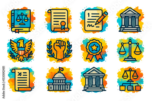 Colorful legal icons on textured background – justice, law, and government symbols