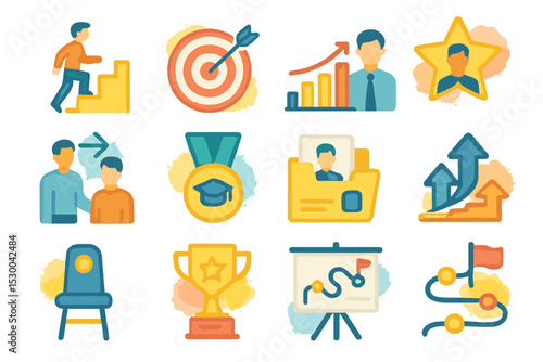 Business and career progression icons in flat design style