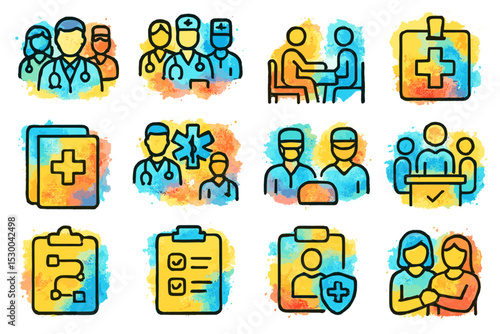 Healthcare icons set featuring doctors, patients, and medical equipment