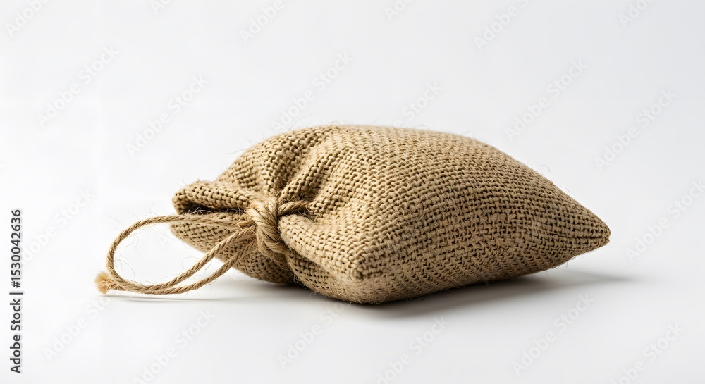 Fototapeta premium Burlap Sack on White Background - Small Empty Jute Bag with Drawstring Closure
