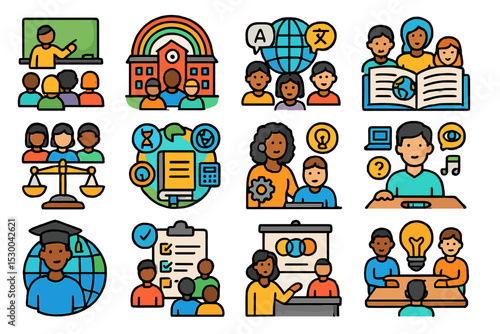 Diverse education icons: learning, teaching, technology, multicultural, collaboration