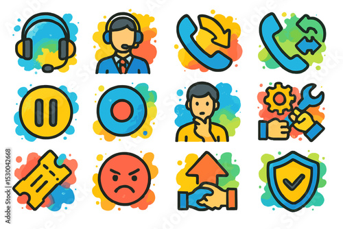 Colorful customer support and communication icon set on artistic background