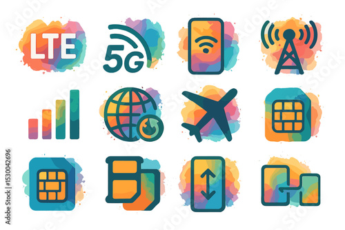 Colorful mobile technology icons with communication and connectivity symbols