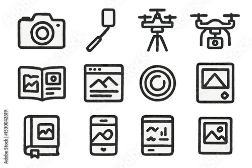 Photography and drone icons set on dark background