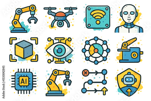 Colorful ai and robotics icons collection on abstract background