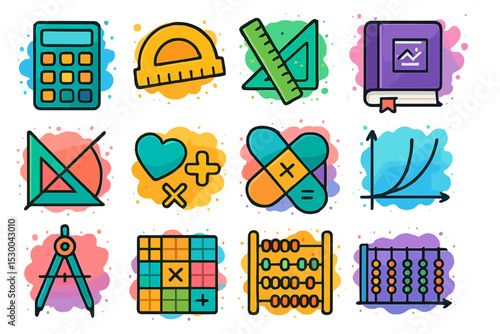 Colorful math icons with calculator, ruler, protractor, and graph book