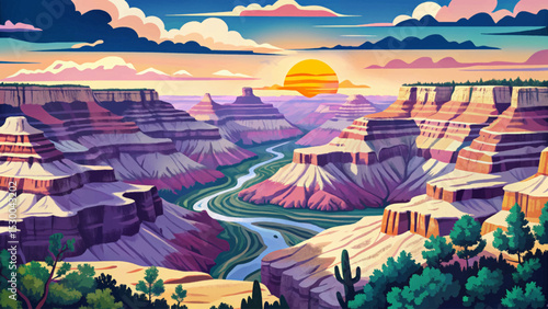 Vector landscape of the Grand Canyon in Arizona featuring deep rocky layers and a vibrant sunset sky perfect for travel, nature, and geology themes