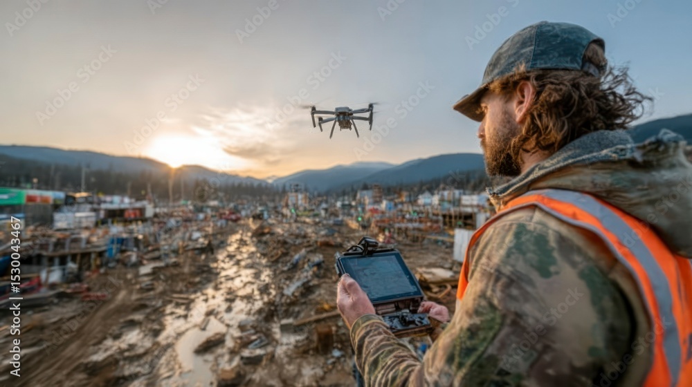 Naklejka premium Drone Flight Over Construction Site at Sunset