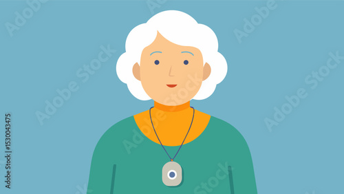 An elderly person wearing a pendant alarm device that can be pressed in case of a fall or emergency.. Vector illustration