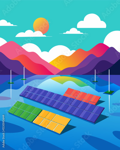 A colorful array of floating solar panels on a serene lake utilizing unused water space to generate clean energy.. Vector illustration