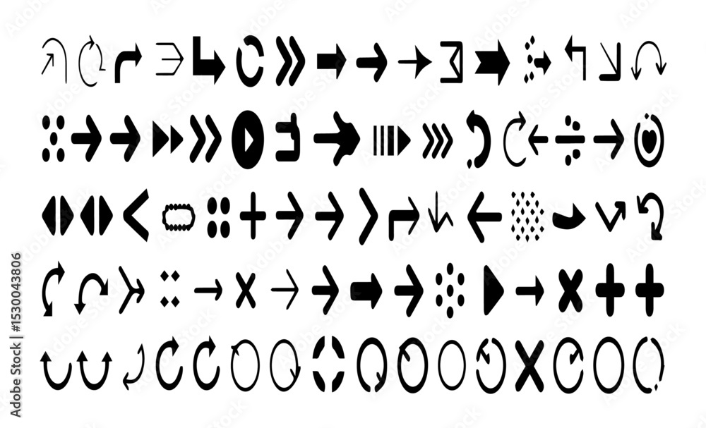 Collection of diverse black arrow icons on a white background, showcasing various directions, shapes, and styles including curved, straight, dotted, and circular arrows in a grid layout. Collection of diverse black arrow icons on a white background, showcasing various directions, shapes, and styles including curved, straight, dotted, and circular arrows in a grid layout.