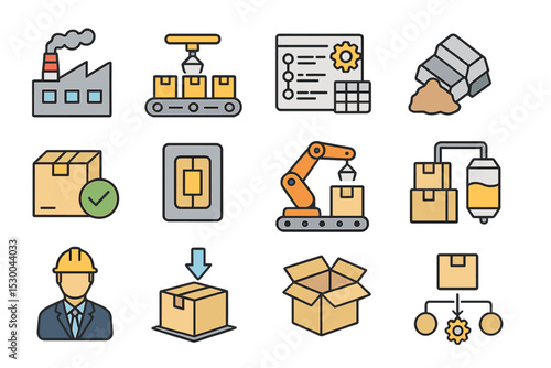 Industrial and automation icons featuring factory, conveyor belt, and robotics