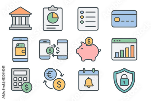 Financial and banking icons including mobile payments and security shield