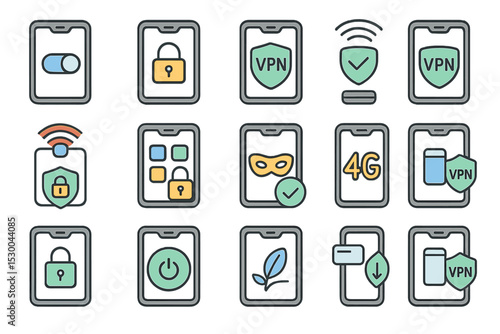 Various vpn and security icons on mobile devices