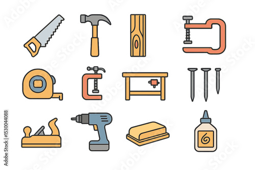 Colorful hand tool icons: hammer, saw, drill, clamp, workbench essentials