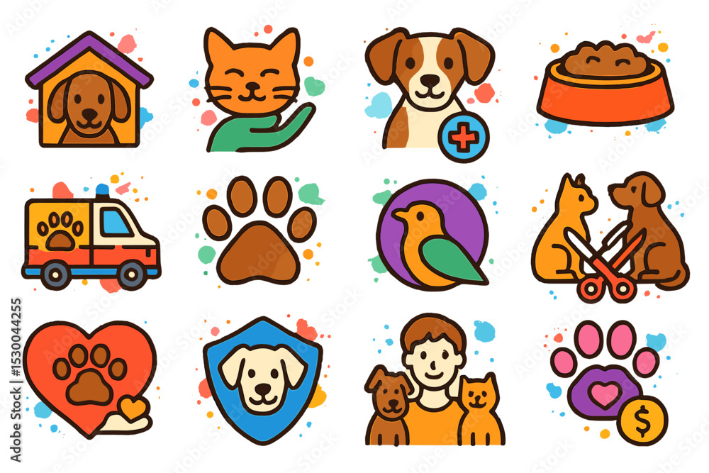 Obraz premium Colorful pet care icons featuring dogs, cats, birds, and pet supplies