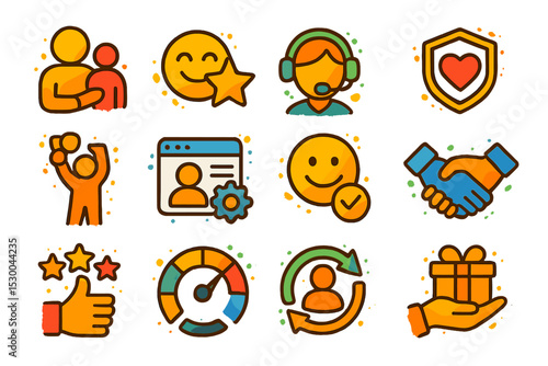 Colorful customer service icons with smiling faces and gift symbols