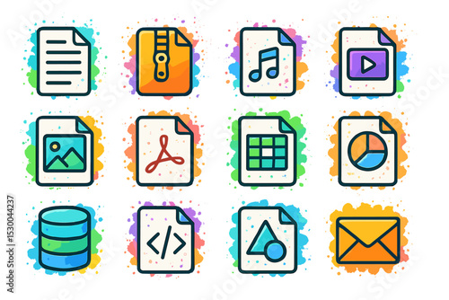 Colorful file type icons on creative background displaying various digital formats