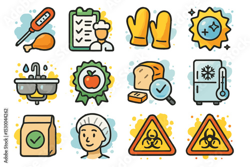 Food safety icons: hygiene, inspection, temperature, gloves, checklist