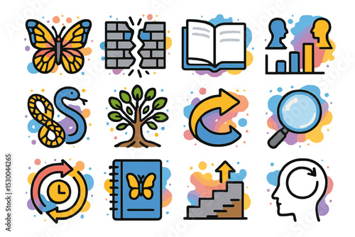 Colorful education icons with butterfly, snake, tree, book, and graph symbols