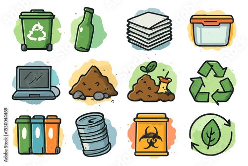 Eco-friendly recycling and waste management icons set