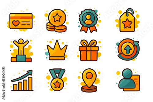 Colorful reward icons with coins, trophies, and growth symbols